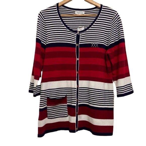 MARIE-CLAIRE nautical cardigan navy blue white striped red knit Large coastal - Picture 2 of 13